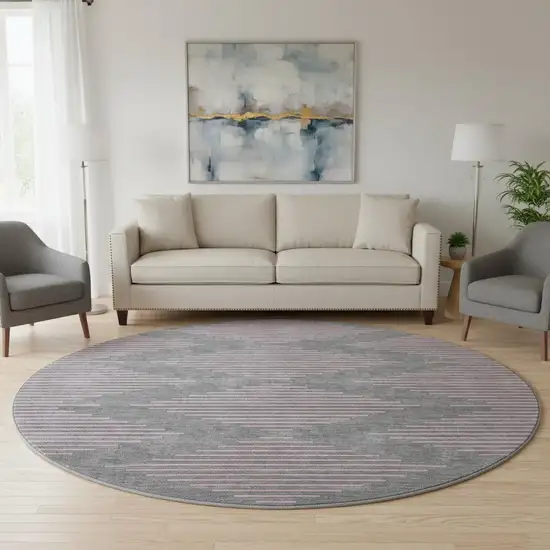 8' Gray And Pink Geometric Washable Round Rug With UV Protection Photo 2