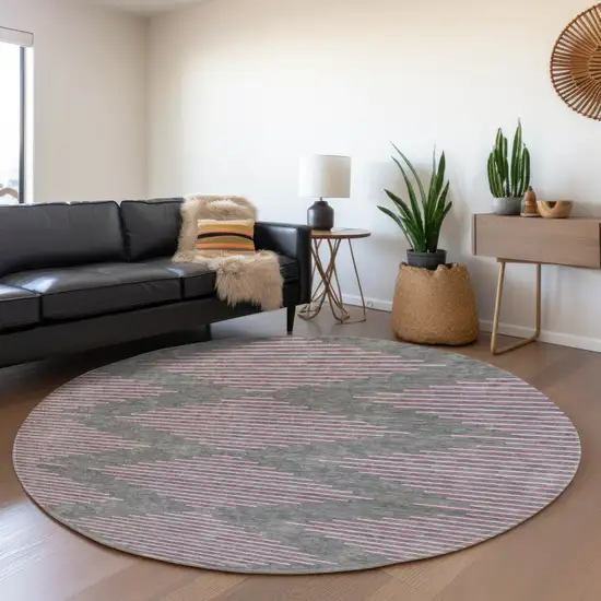 8' Gray And Pink Geometric Washable Round Rug With UV Protection Photo 4
