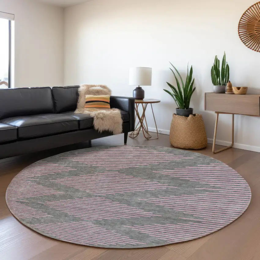 8' Gray And Pink Geometric Washable Round Rug With UV Protection Photo 4