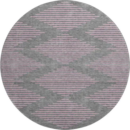 8' Gray And Pink Geometric Washable Round Rug With UV Protection Photo 1