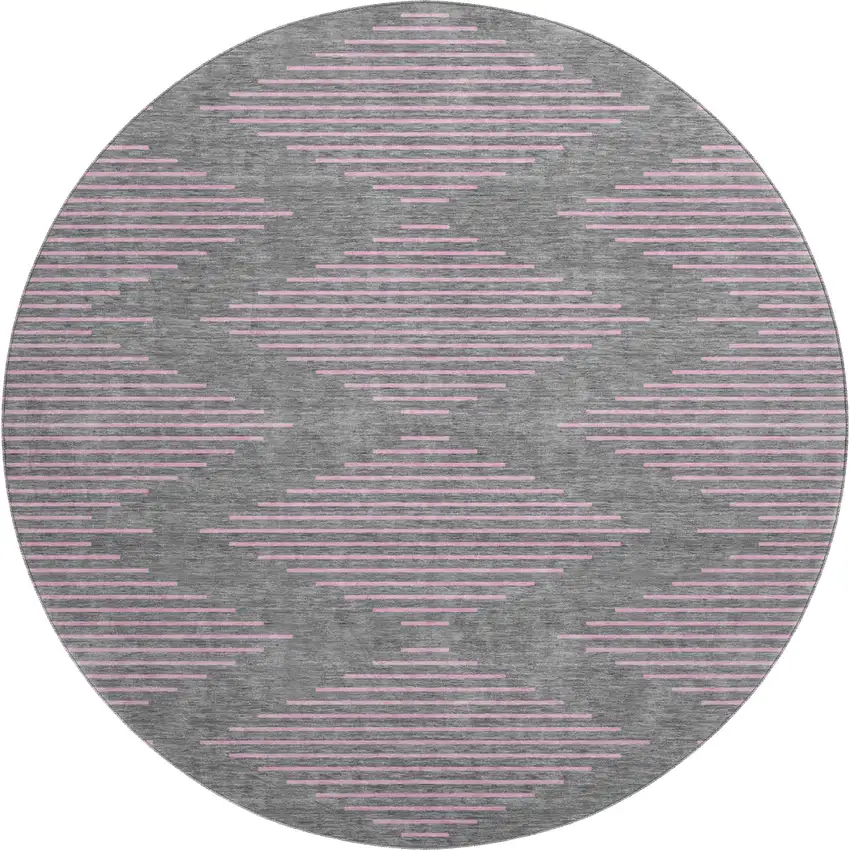 8' Gray And Pink Geometric Washable Round Rug With UV Protection Photo 1