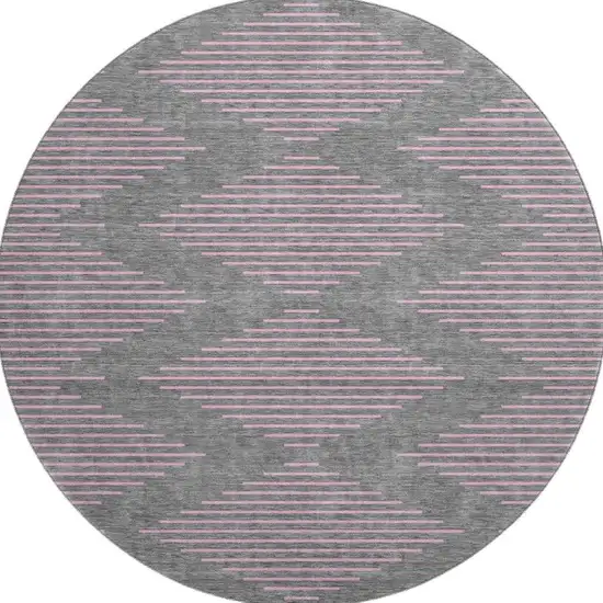 8' Gray And Pink Geometric Washable Round Rug With UV Protection Photo 3