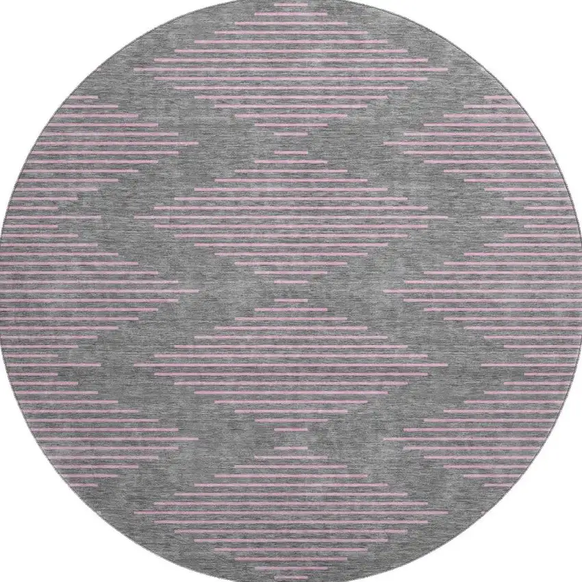8' Gray And Pink Geometric Washable Round Rug With UV Protection Photo 3