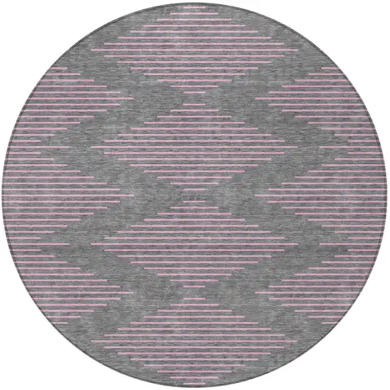 8' Gray And Pink Round Geometric Washable Indoor Outdoor Area Rug Photo 5