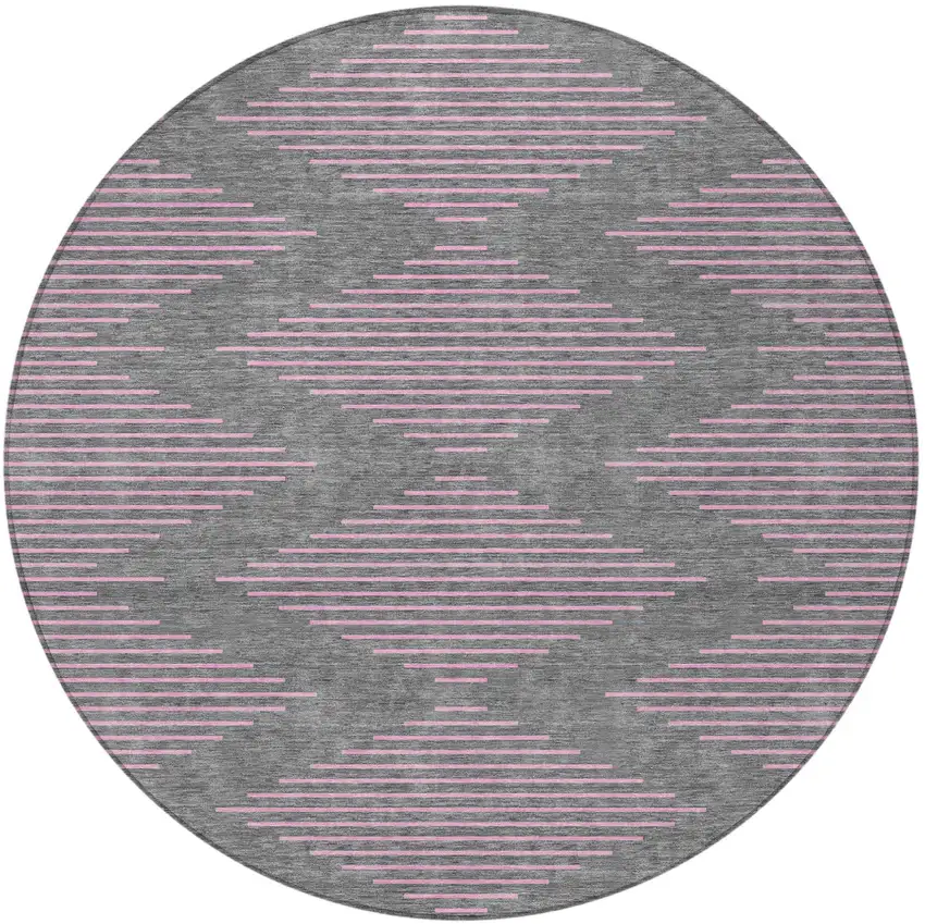 8' Gray And Pink Round Geometric Washable Indoor Outdoor Area Rug Photo 5