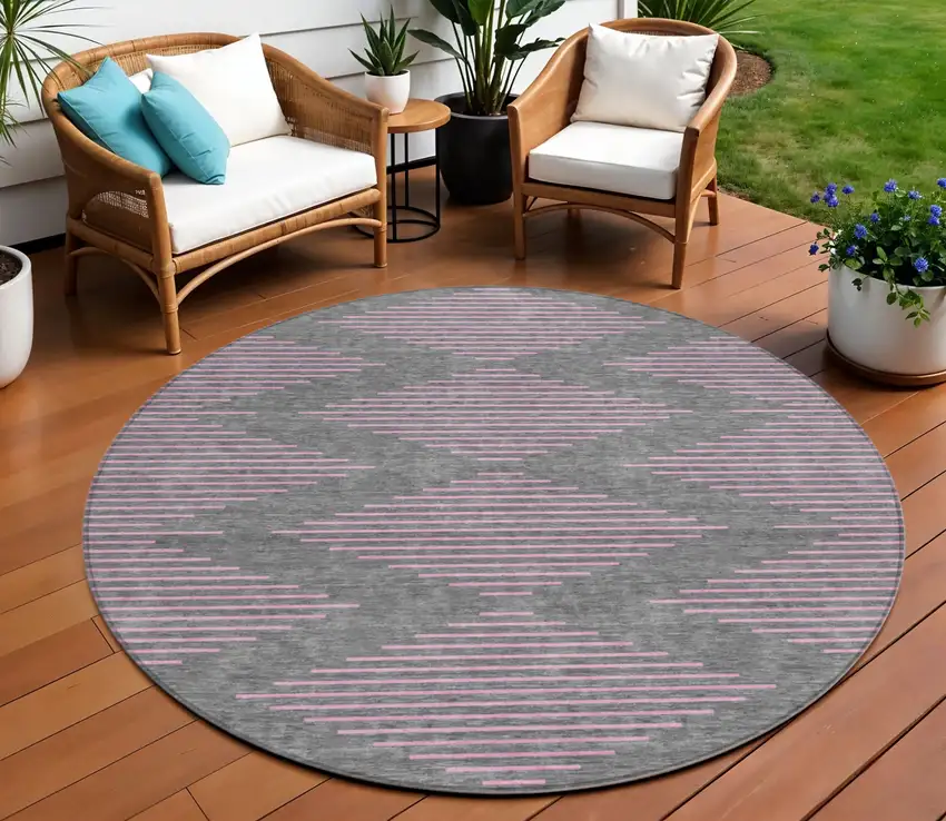 8' Gray And Pink Round Geometric Washable Indoor Outdoor Area Rug Photo 1