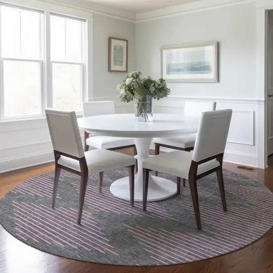 8' Gray And Pink Round Geometric Washable Indoor Outdoor Area Rug Photo 7