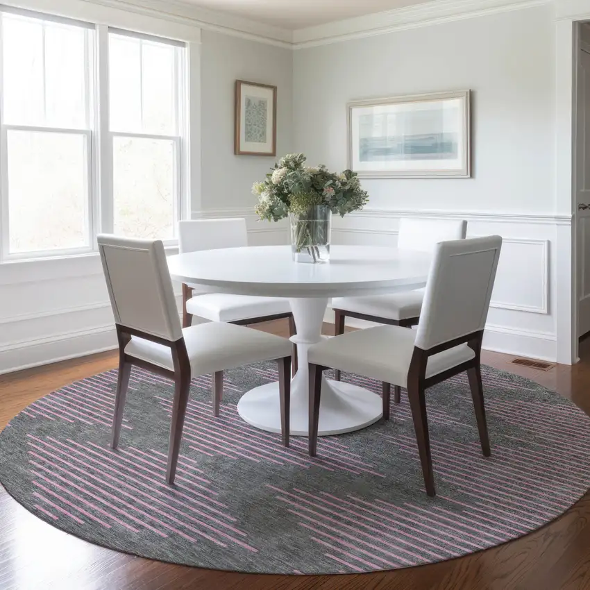 8' Gray And Pink Round Geometric Washable Indoor Outdoor Area Rug Photo 7