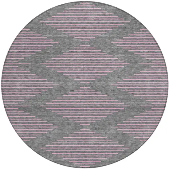 8' Gray And Pink Round Geometric Washable Indoor Outdoor Area Rug Photo 2