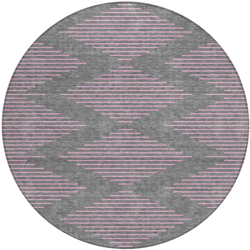 8' Gray And Pink Round Geometric Washable Indoor Outdoor Area Rug Photo 2