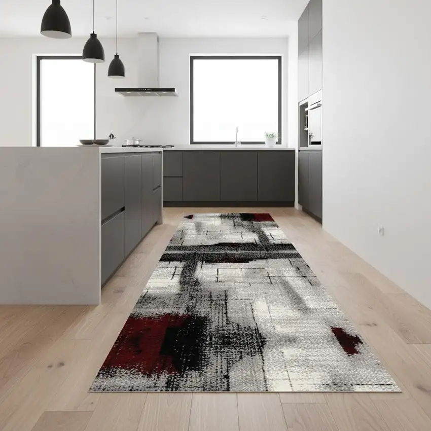 9' Gray And Red Abstract Runner Rug Photo 1