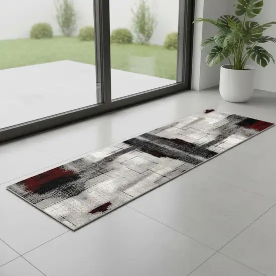 7' Gray And Red Abstract Runner Rug Photo 1
