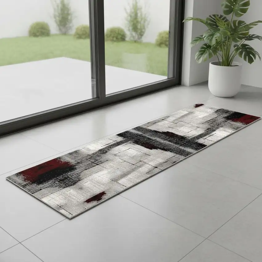 7' Gray And Red Abstract Runner Rug Photo 1