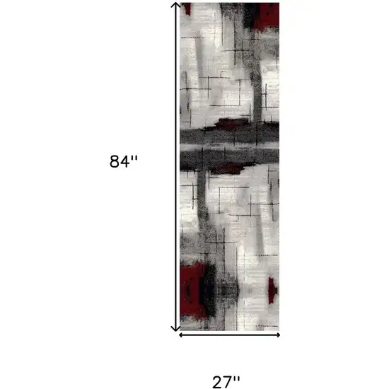 7' Gray And Red Abstract Runner Rug Photo 4