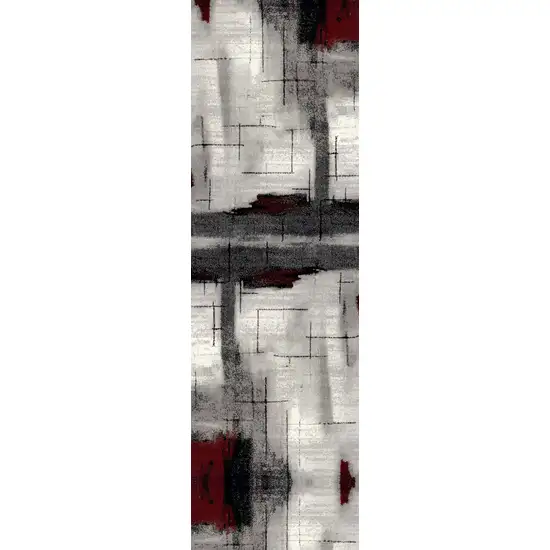 7' Gray And Red Abstract Runner Rug Photo 2