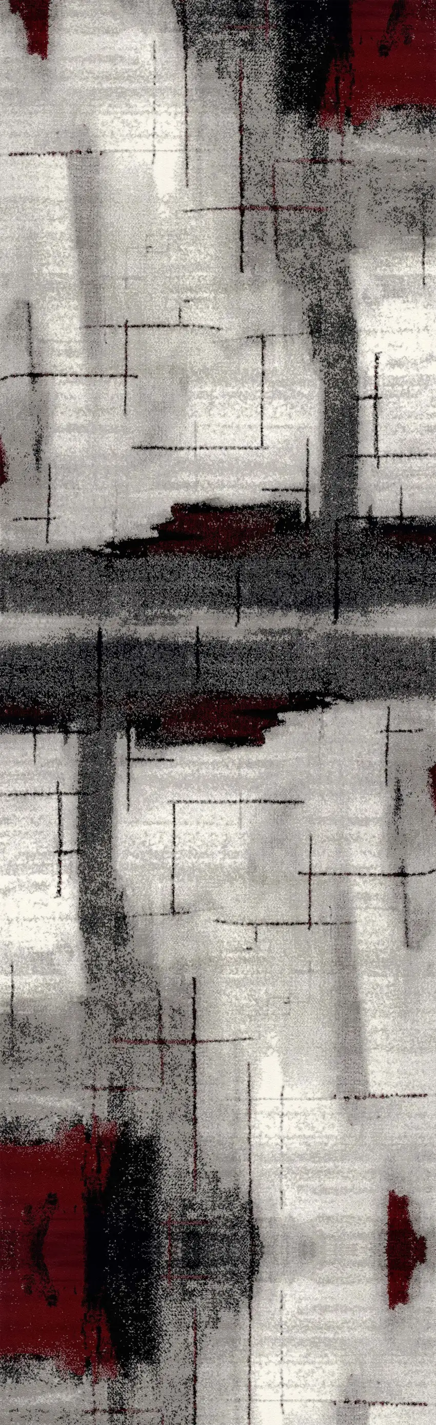7' Gray And Red Abstract Runner Rug Photo 2