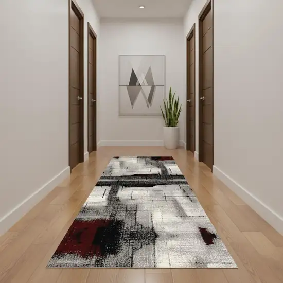 18' Gray And Red Abstract Runner Rug Photo 1