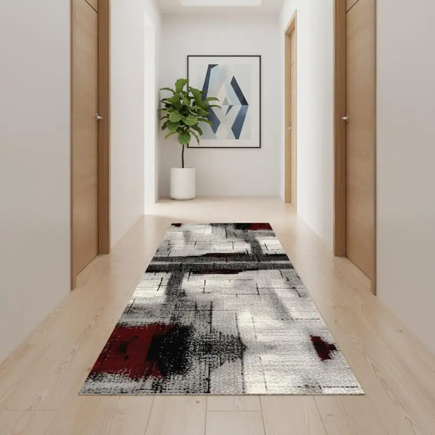 16' Gray And Red Abstract Runner Rug Photo 1