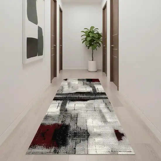 14' Gray And Red Abstract Runner Rug Photo 1