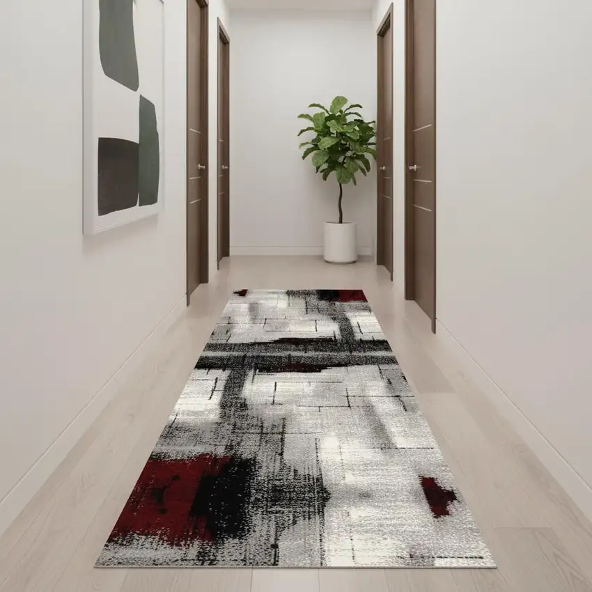 14' Gray And Red Abstract Runner Rug Photo 1