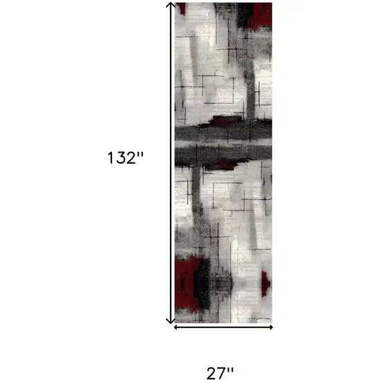 11' Gray And Red Abstract Runner Rug Photo 3