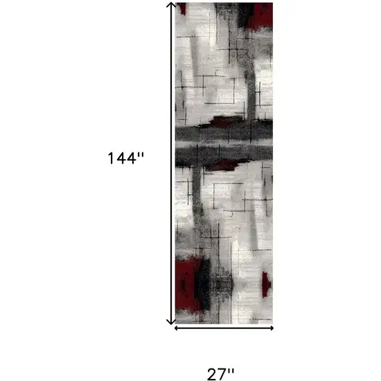 12' Gray And Red Abstract Runner Rug Photo 3