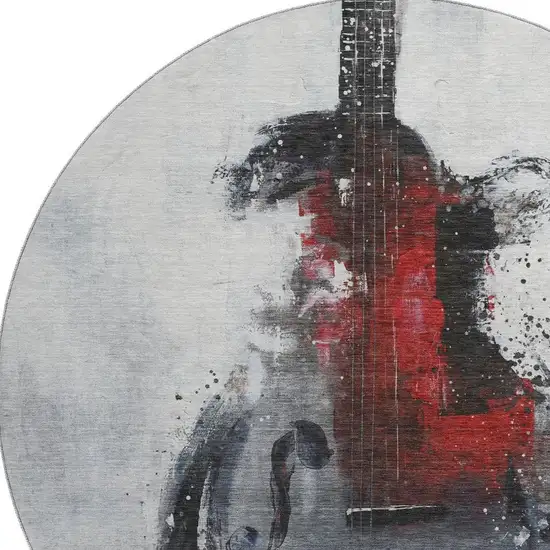 8' Gray And Red Abstract Washable Round Rug With UV Protection Photo 4
