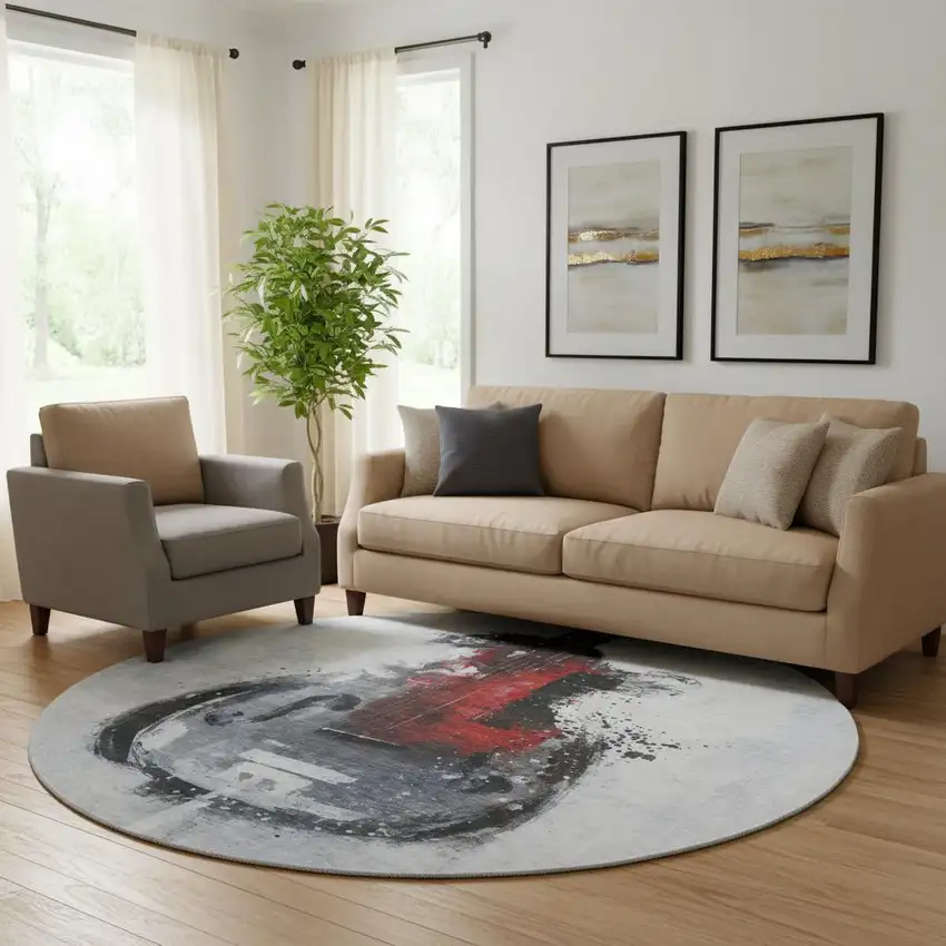 8' Gray And Red Abstract Washable Round Rug With UV Protection Photo 2