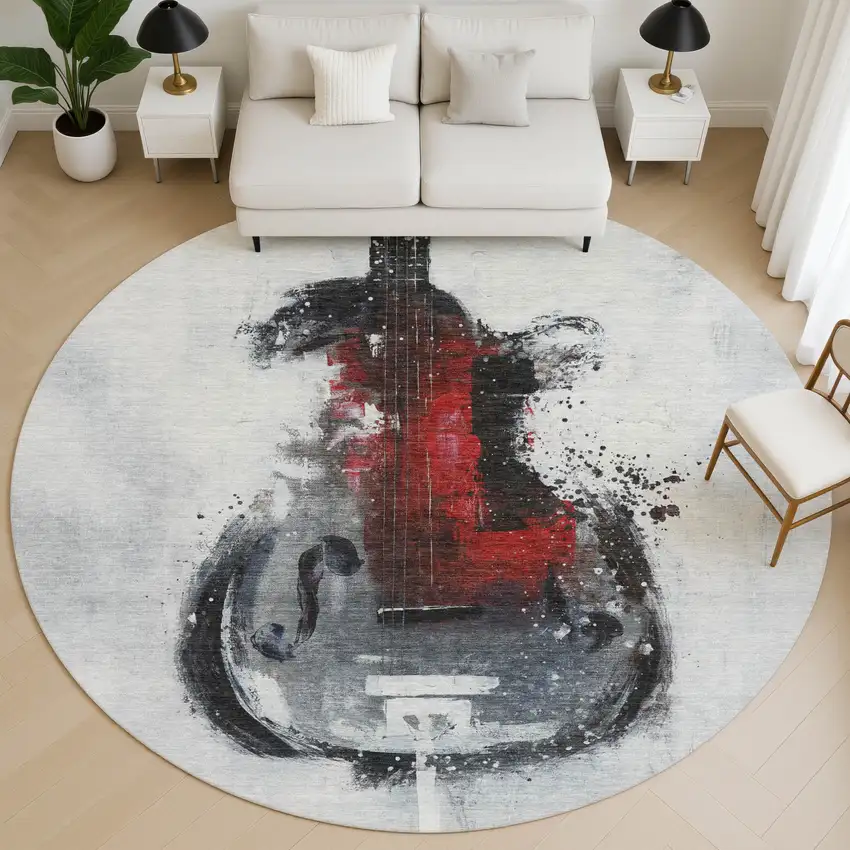 8' Gray And Red Abstract Washable Round Rug With UV Protection Photo 5