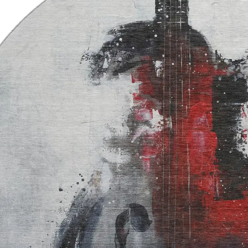 8' Gray And Red Abstract Washable Round Rug With UV Protection Photo 3