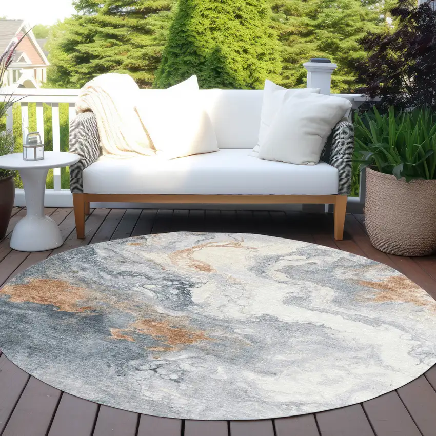 8' Gray And Rust Round Abstract Washable Indoor Outdoor Area Rug Photo 5