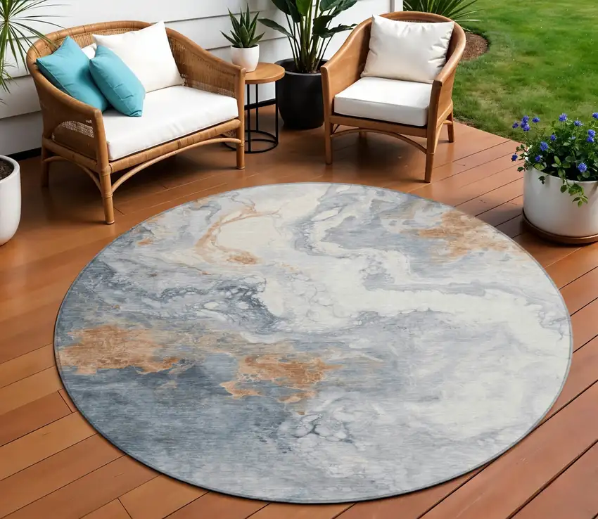 8' Gray And Rust Round Abstract Washable Indoor Outdoor Area Rug Photo 2