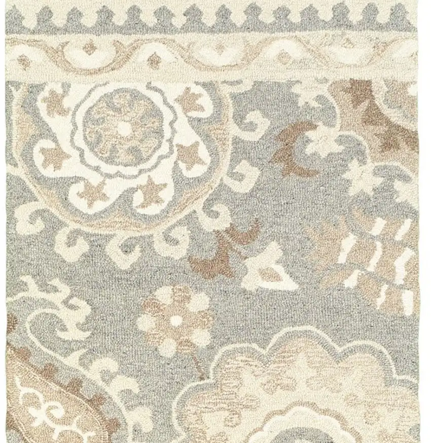8' Gray And Sand Wool Floral Hand Tufted Runner Rug Photo 5