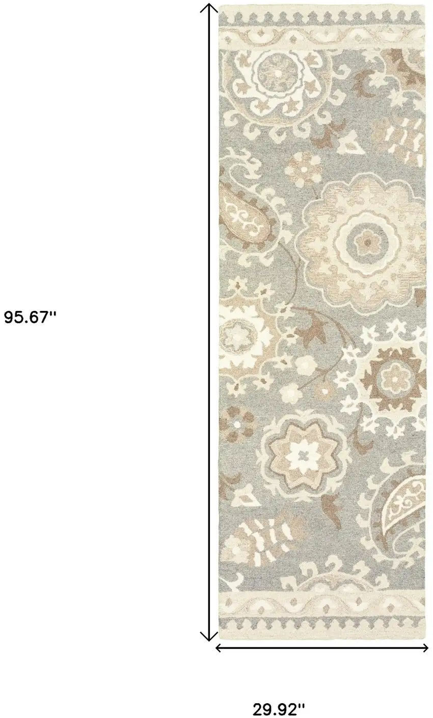8' Gray And Sand Wool Floral Hand Tufted Runner Rug Photo 3