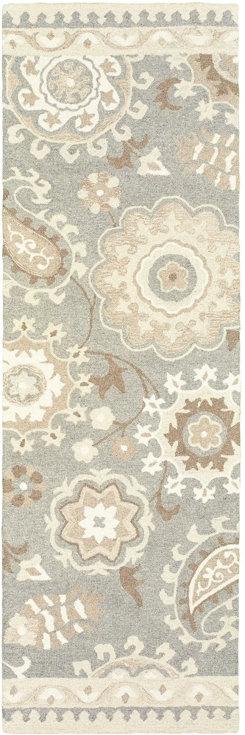 8' Gray And Sand Wool Floral Hand Tufted Runner Rug Photo 2