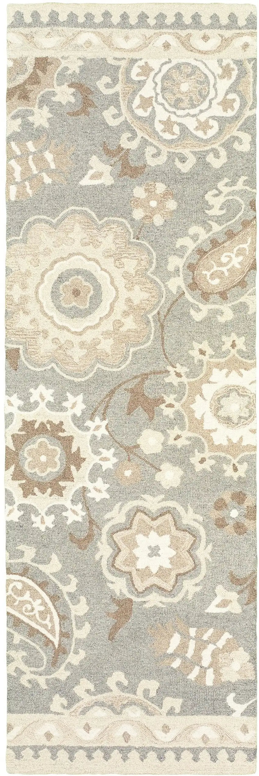 8' Gray And Sand Wool Floral Hand Tufted Runner Rug Photo 4