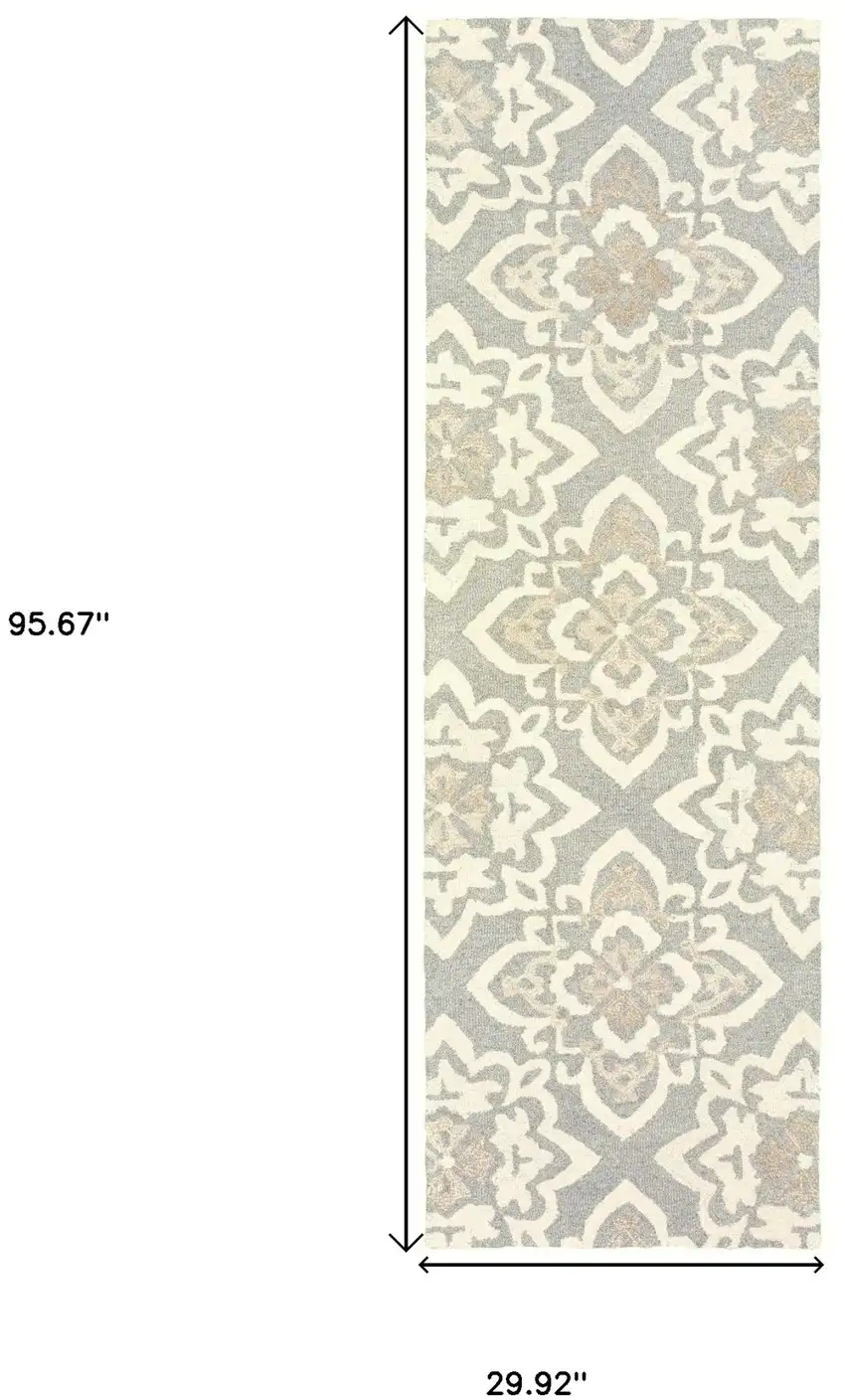 8' Gray And Sand Wool Geometric Hand Tufted Runner Rug Photo 3