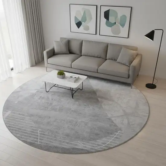 8' Gray And Silver Abstract Geometric Washable Round Rug With UV Protection Photo 2