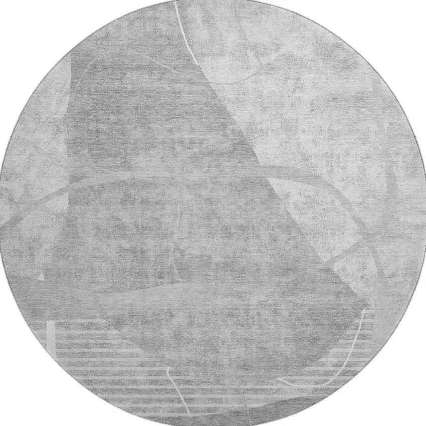 8' Gray And Silver Abstract Geometric Washable Round Rug With UV Protection Photo 3
