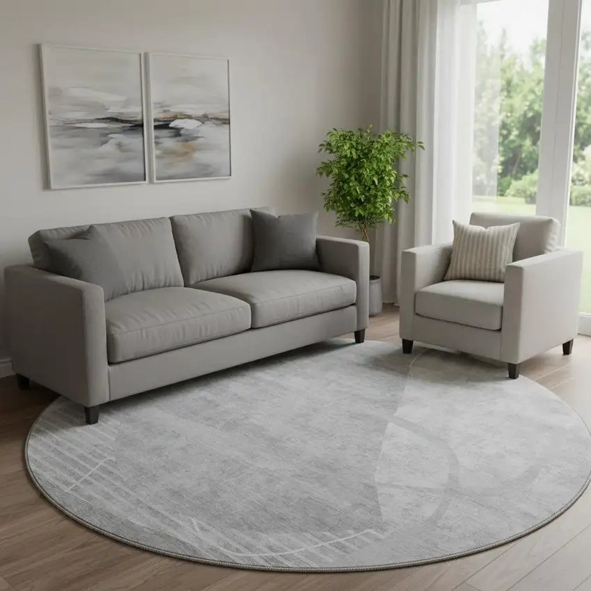 8' Gray And Silver Abstract Geometric Washable Round Rug With UV Protection Photo 1