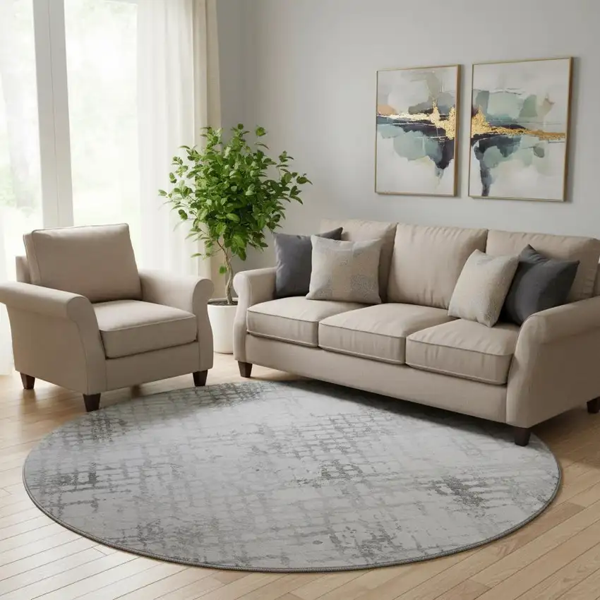 8' Gray And Silver Abstract Geometric Washable Round Rug With UV Protection Photo 1