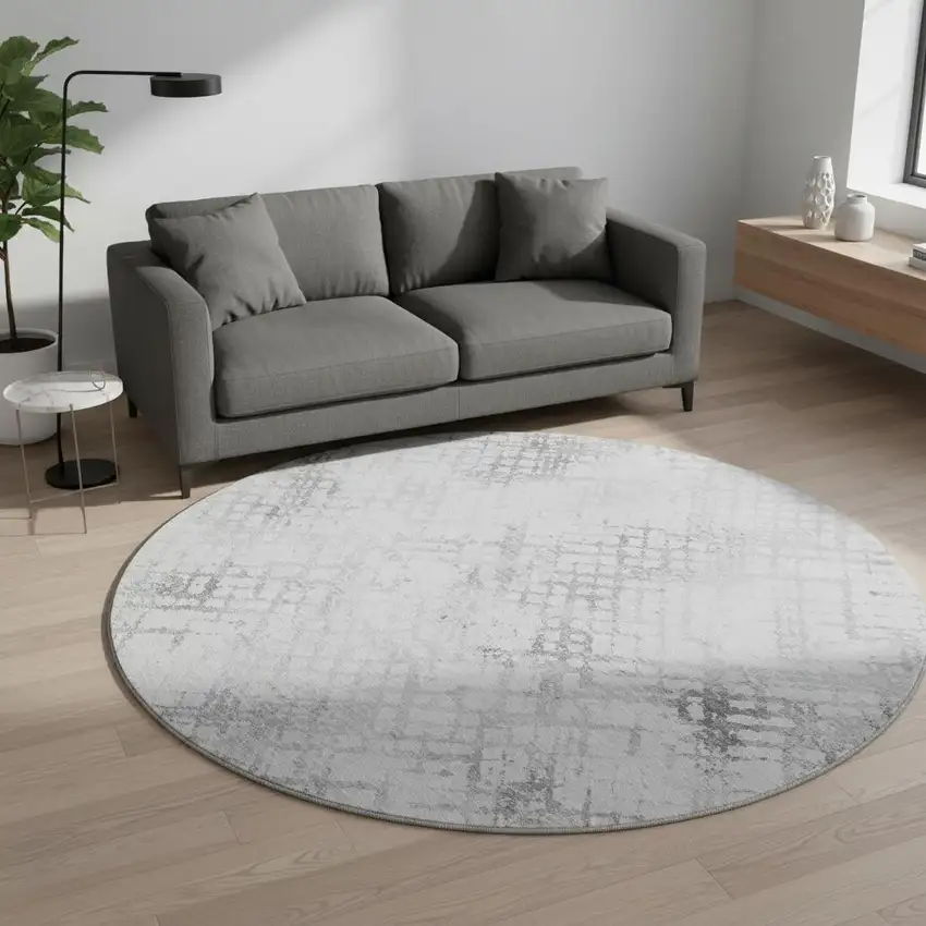 8' Gray And Silver Abstract Geometric Washable Round Rug With UV Protection Photo 2
