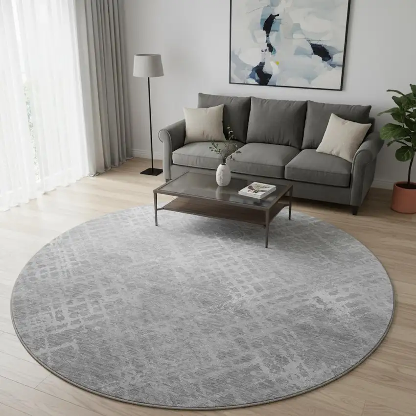 8' Gray And Silver Abstract Geometric Washable Round Rug With UV Protection Photo 2