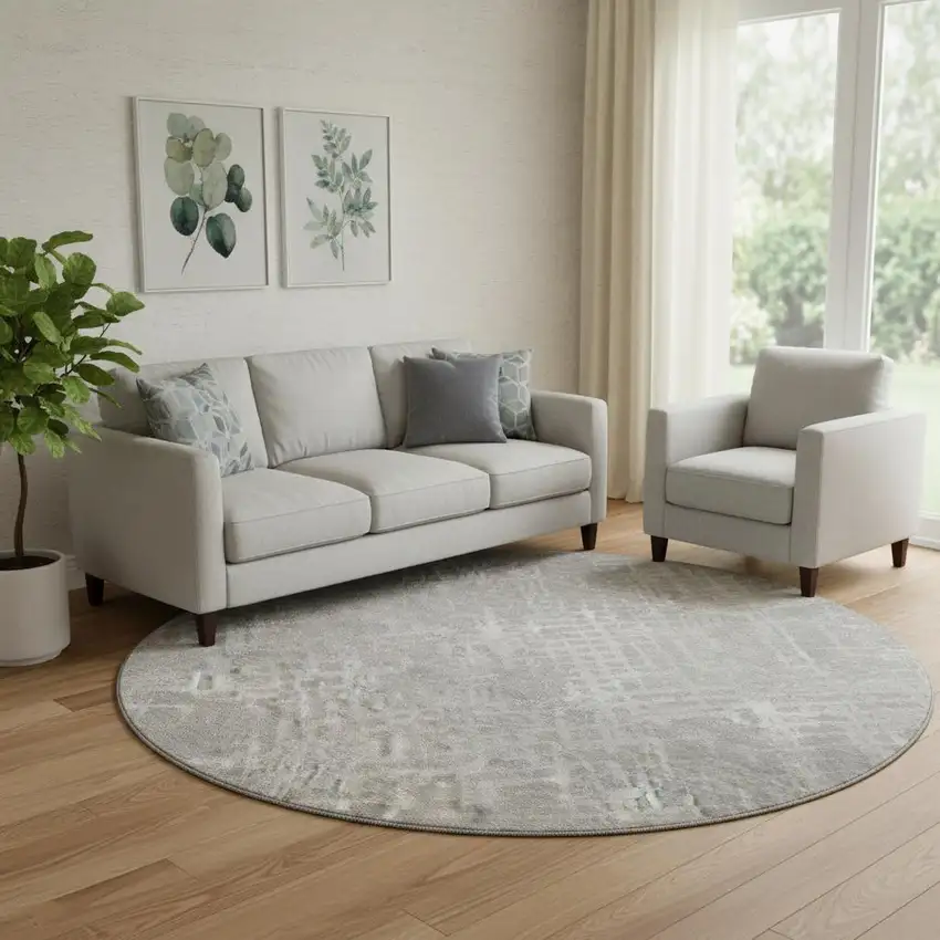 8' Gray And Silver Abstract Geometric Washable Round Rug With UV Protection Photo 1