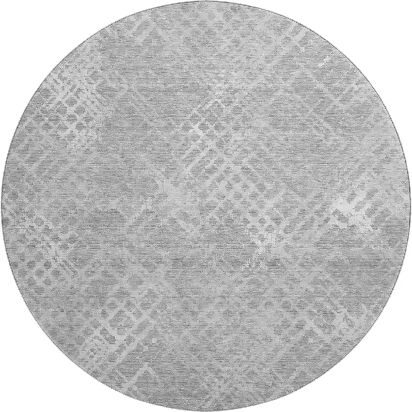 8' Gray And Silver Abstract Geometric Washable Round Rug With UV Protection Photo 1