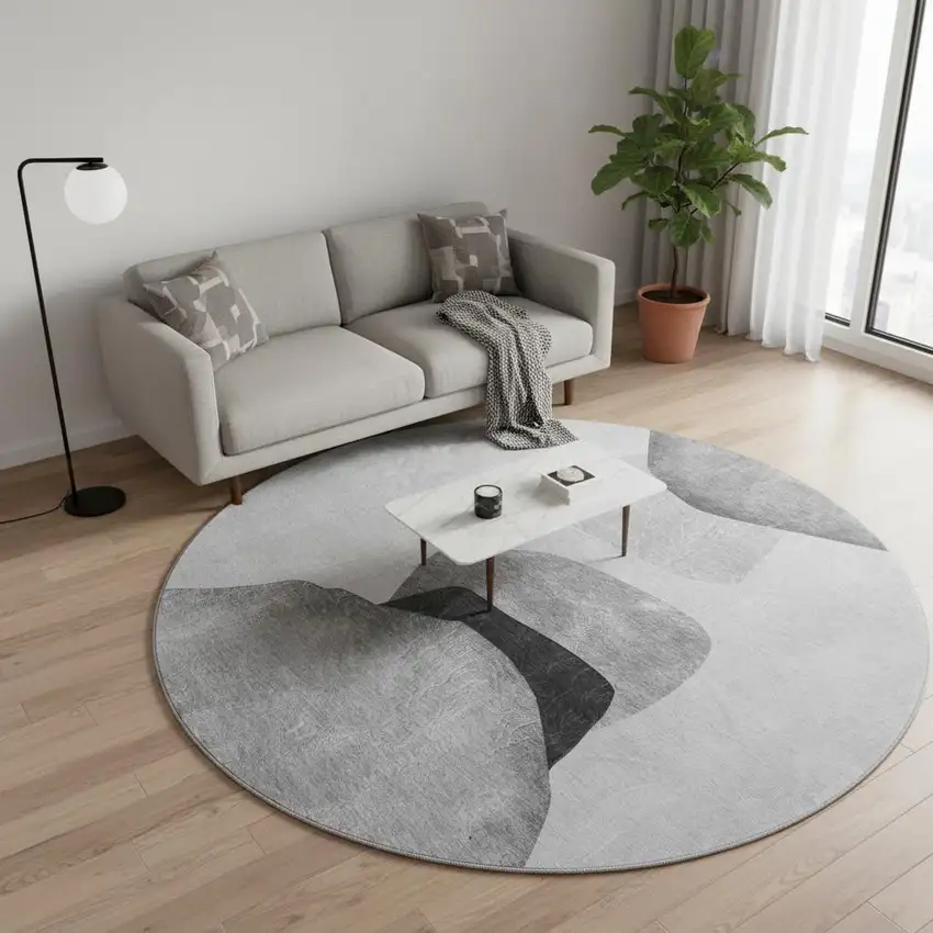 8' Gray And Silver Abstract Washable Round Rug With UV Protection Photo 2