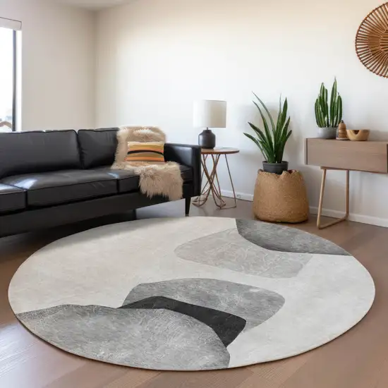 8' Gray And Silver Abstract Washable Round Rug With UV Protection Photo 5
