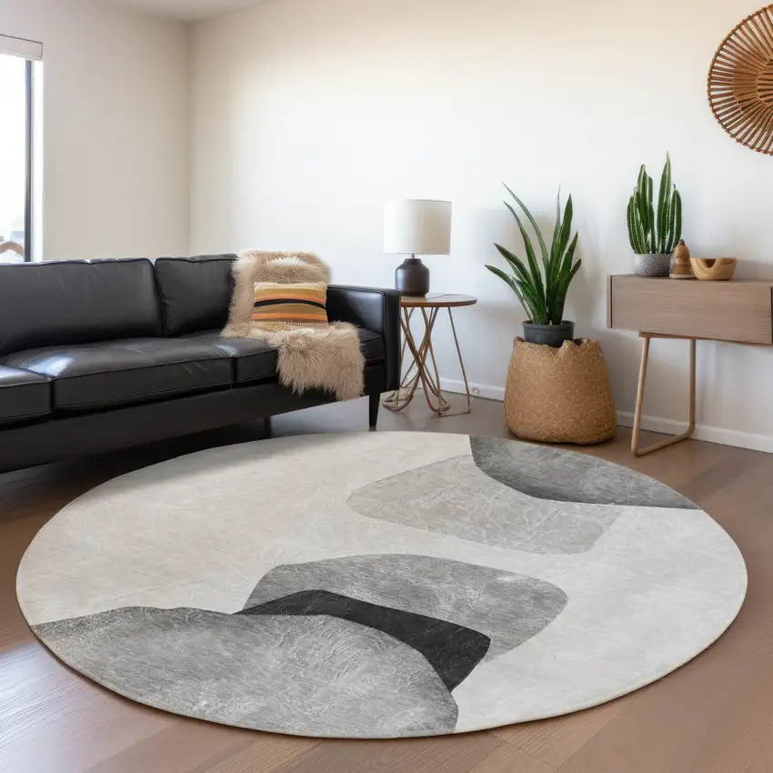 8' Gray And Silver Abstract Washable Round Rug With UV Protection Photo 5