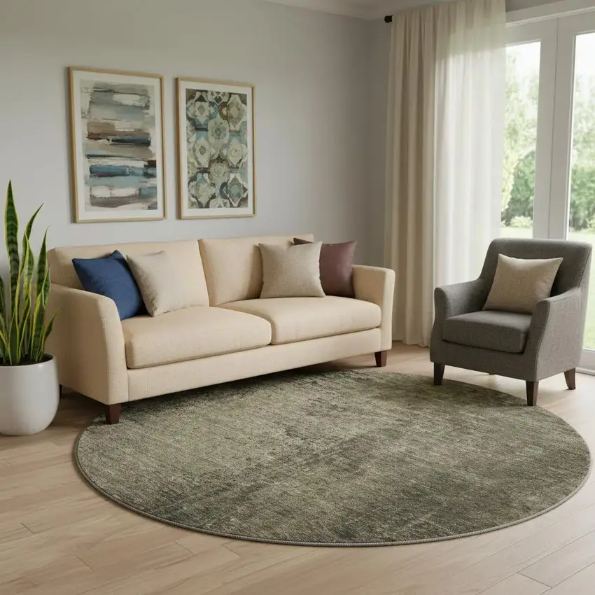 8' Gray And Silver Abstract Washable Round Rug With UV Protection Photo 1