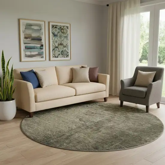 8' Gray And Silver Abstract Washable Round Rug With UV Protection Photo 1